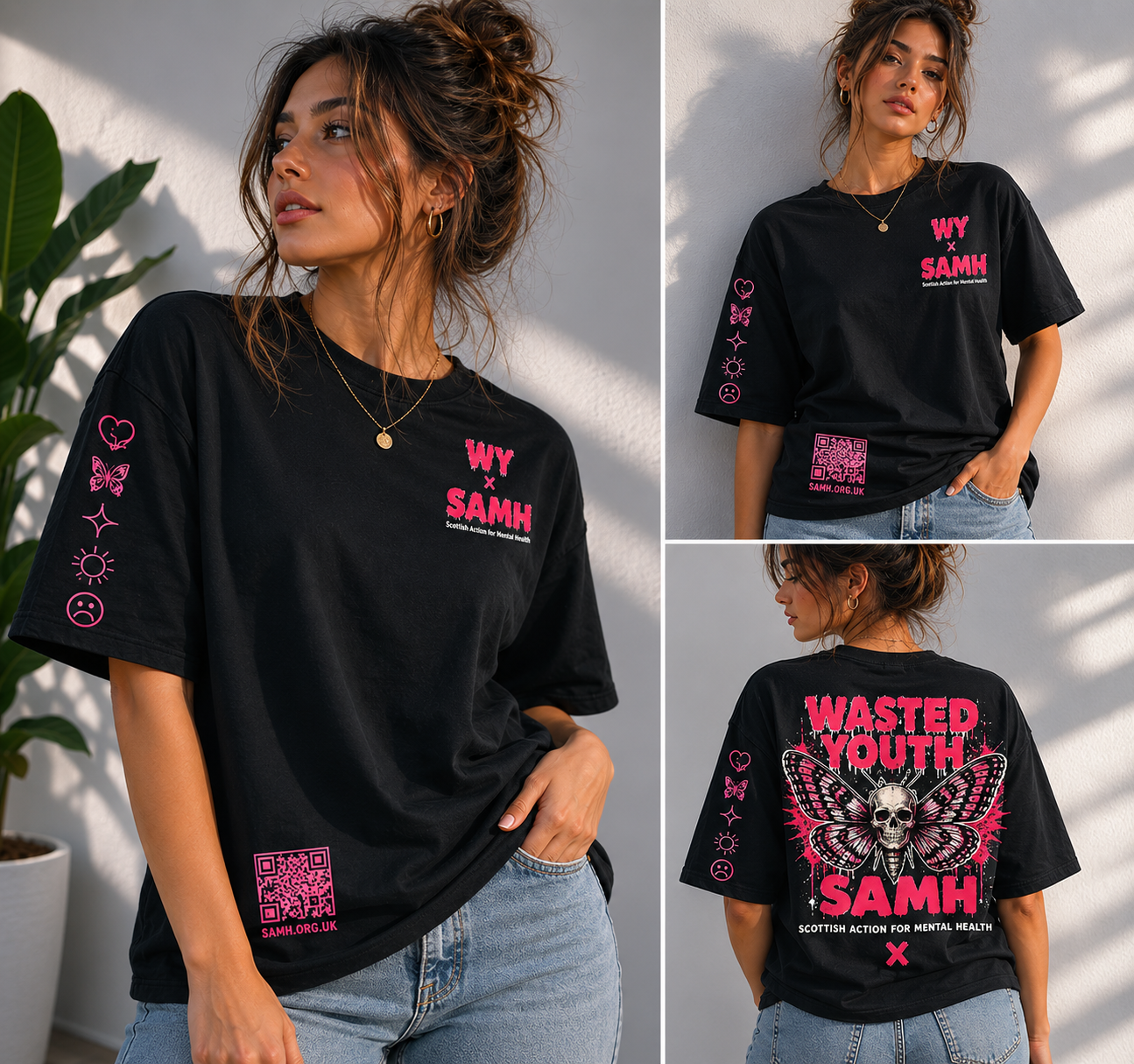 SAMH x Wasted youth collaboration deathmoth t shirt