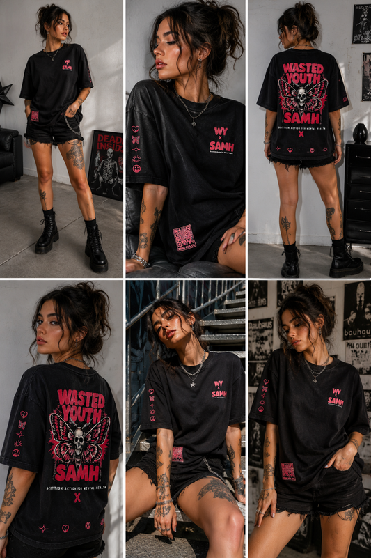 SAMH x Wasted youth collaboration deathmoth t shirt