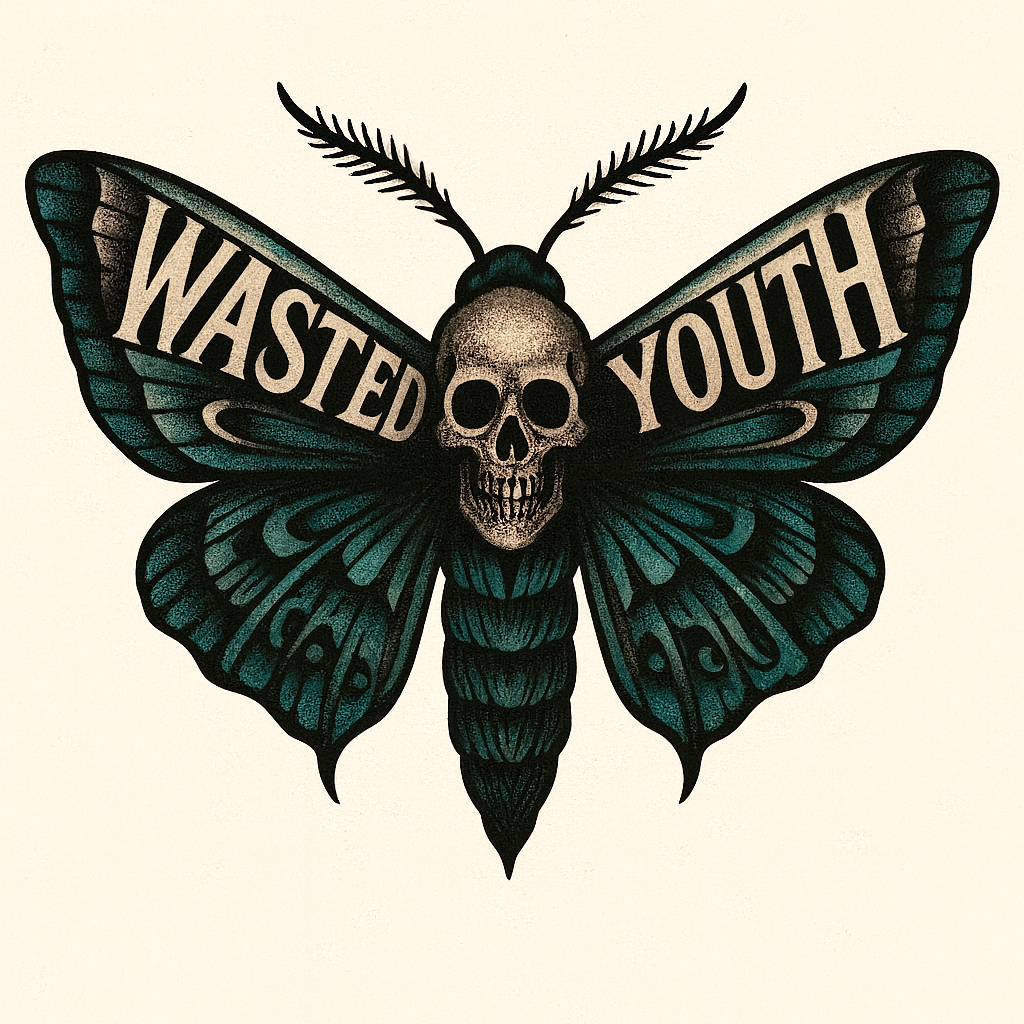 Butterfly with skull design and 'Wasted Youth' text on a beige background