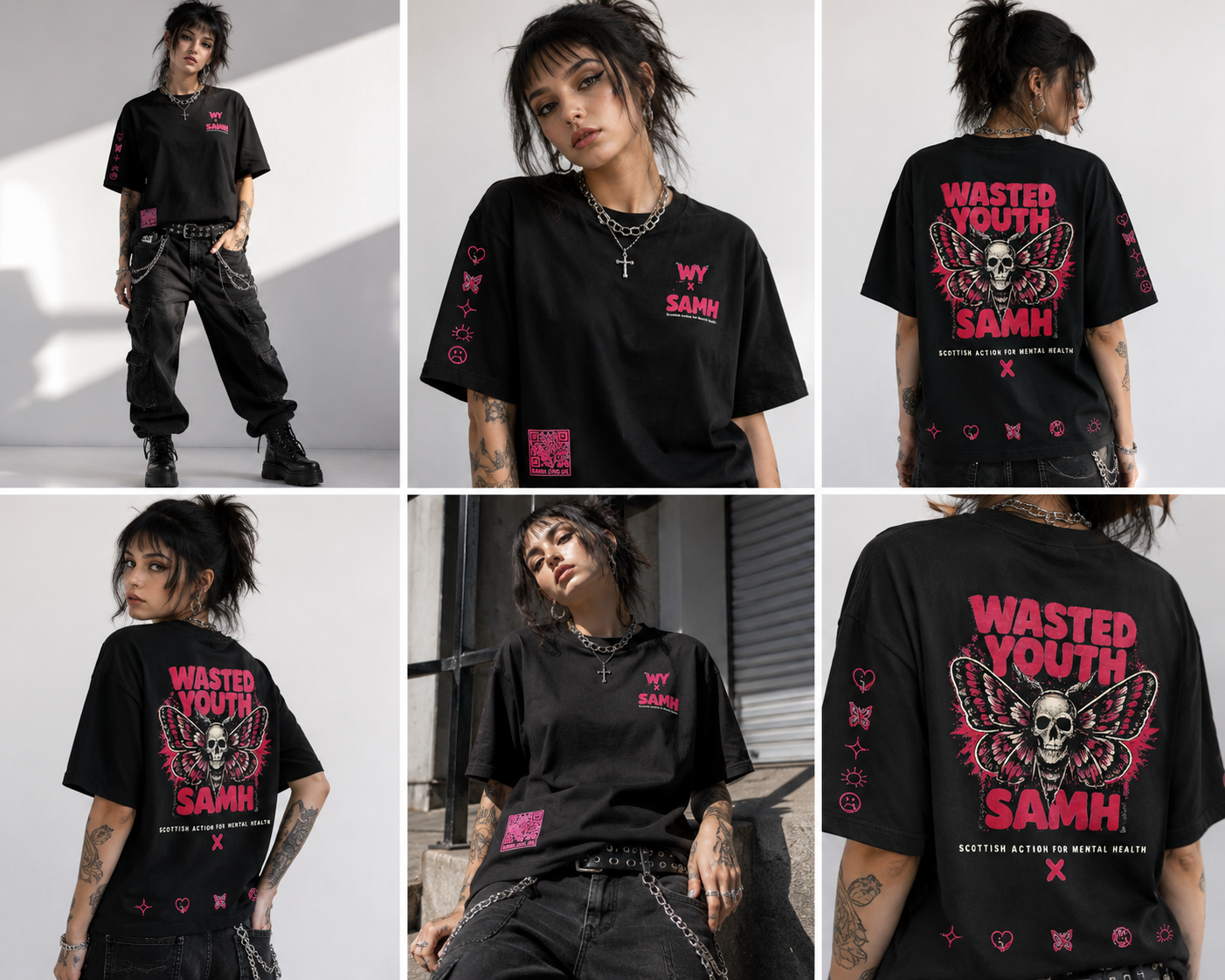 SAMH x Wasted youth collaboration deathmoth t shirt