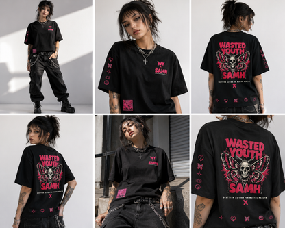 SAMH x Wasted youth collaboration deathmoth t shirt