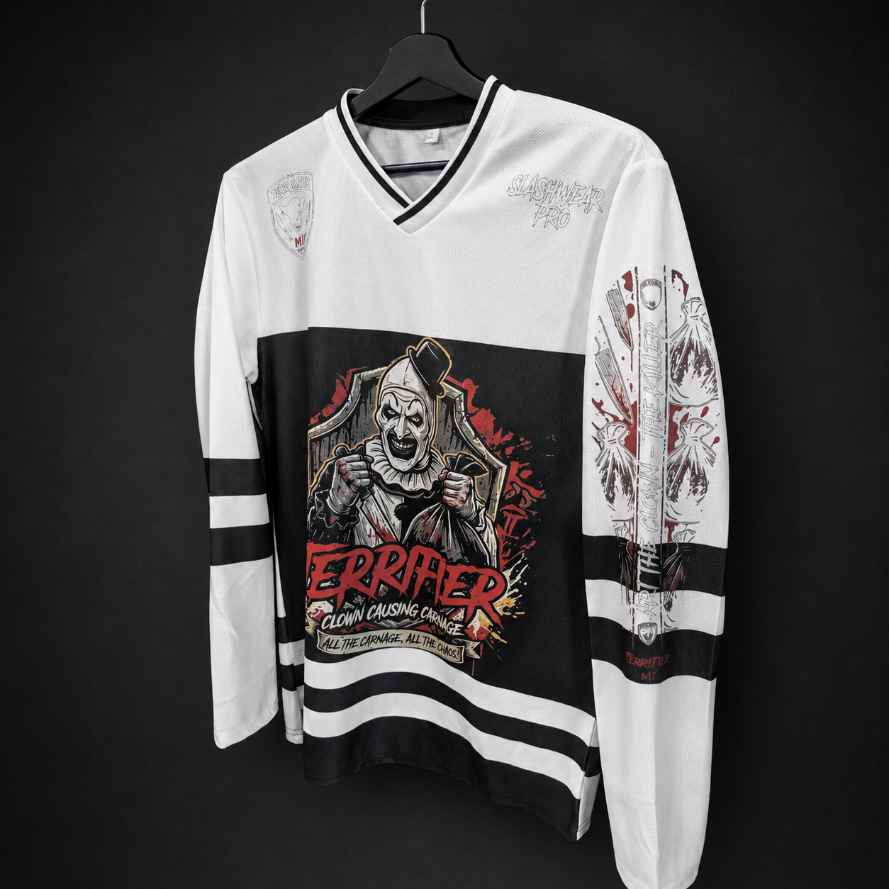 Terrifier Art the Clown hockey-style top angled view showing sleeve artwork