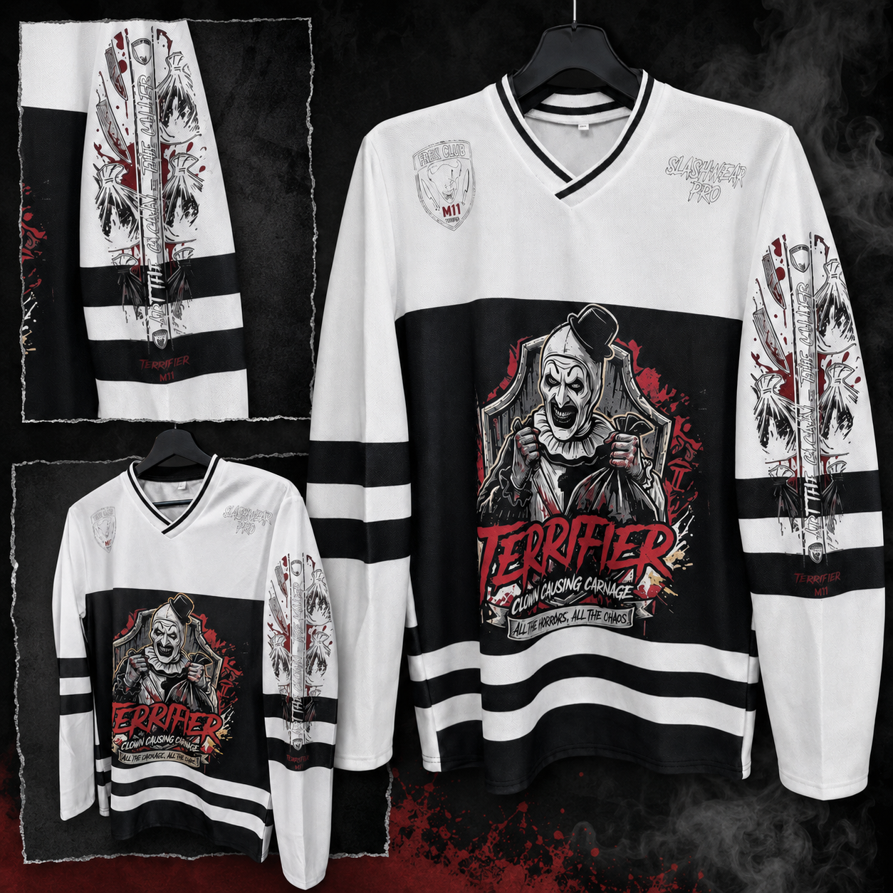 Terrifier Art the Clown hockey-style top collage showing front, angle and sleeve artwork